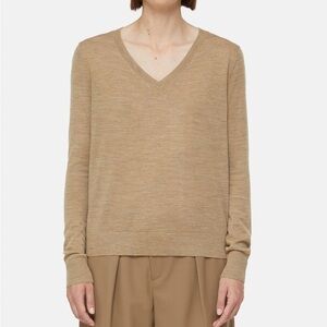 Zara V Neck Top Sweater Size Medium Oversized Linen Blend Long Sleeve Tan